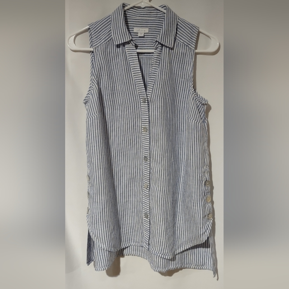 J Jill 100% Linen Blue & White Stripe Blouse